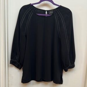 Worthington Black Flowy Blouse with White Stitching Quarter Length Sleeves